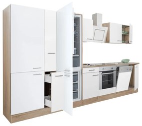 Yorki 370 konyhabútor sonoma tölgy korpusz,selyemfényű fehér front alsó sütős elemmel polcos szekrénnyel és alulfagyasztós hűtős szekrénnyel