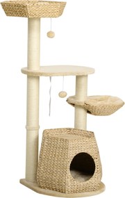 PawHut Macskafák Felmászó Kaparó 119 cm Magasságú Erősített Oszlopokkal, Rejtett Fészkelőhely Hálóval és 2 Függő Labdával | Aosom