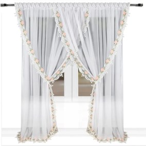Függöny Kész Hosszú 400 x 250 Gipsz Fátyol Hímzés Virágok Fehér