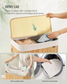 Fedeles bambusz mosókosár, 100 L, 2 rekeszes, hajtogatható bélészsákkal