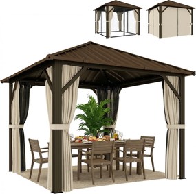 Outsunny kerti pavilon kb. 3 x 3 m, alumínium szerkezet horganyzott acél keménytetővel, szúnyoghálóval és 4 oldalsó függönnyel, UPF50+, vízlepergető,