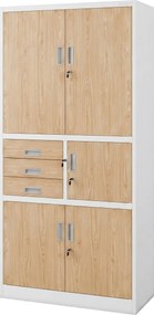 Fém irodai szekrény széffel, fehér, sonoma tölgy, 900x1850x400 mm: FILIP II Eco Design