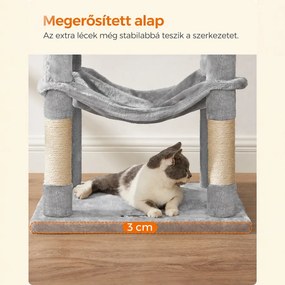 FEANDREA 143 cm magas macskafa, 2 kilátóplatformmal, macskabarlanggal és függőággyal, világosszürke