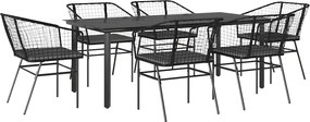 vidaXL 7 részes fekete polyrattan üveg kerti étkezőgarnitúra párnákkal