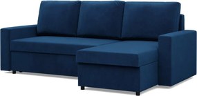 Zeus sarokkanapé, 2 ágyneműtartóval, egyenes kartámasz, bársony, univerzális oldal, hab töltet, kék