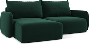 Sötétzöld bársony kinyitható-tárolóhelyes sarokkanapé (bal oldali-heverő résszel) Kalena – Makamii