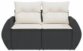 2 személyes fekete polyrattan kerti kanapé párnával