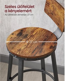 VASAGLE 2 db-os bárszék szett háttámlával és lábtartóval, 73 cm ülésmagassággal, acélvázzal, rusztikus barna és fekete
