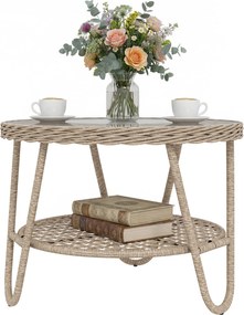 Outsunny kültéri PE rattan kerti oldalasztal edzett üvegtetővel, horganyzott fémvázzal, 65 x 65 x 50 cm, sárga | Aosom