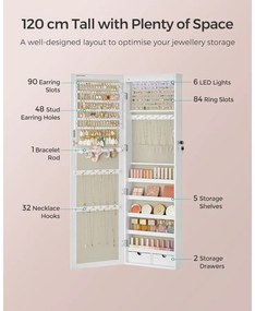 Ékszerszekrény falra szerelhető, zárható tároló tükörrel és több rekesszel – fehér/bézs