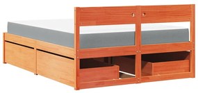 viaszbarna tömör fenyőfa ágy fiókokkal és matraccal 120x190 cm