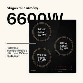 Klarstein Victoria indukciós főzőlap, 45 cm, 6 600 W, 3 főzőzóna, csúszka vezérlés, boost