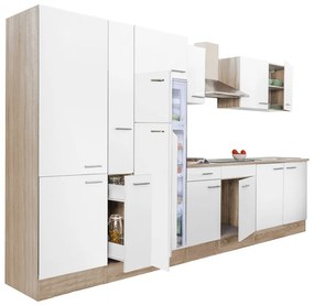 Yorki 360 konyhablokk sonoma tölgy korpusz,selyemfényű fehér fronttal polcos szekrénnyel és felülfagyasztós hűtős szekrénnyel