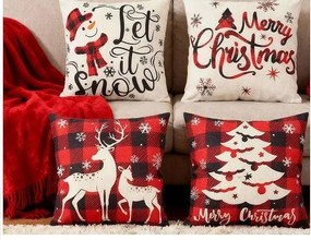 Karácsonyi párnahuzat plüss dekoratív piros lenvászon 4 db
