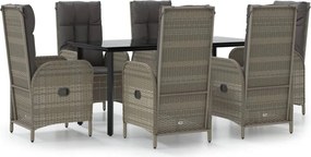 vidaXL 7 részes fekete és szürke polyrattan kerti étkezőszett párnával