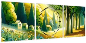 Kép - Falu sárga-zöld színekben (órával) (90x30 cm)