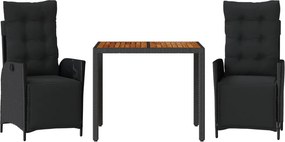 vidaXL 3 részes fekete polyrattan kerti étkezőgarnitúra párnákkal