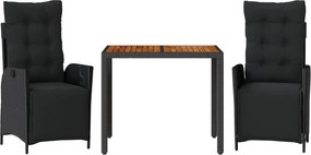 vidaXL 3 részes fekete polyrattan kerti étkezőgarnitúra párnákkal