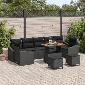 10 Darabos Kert Sofa Szett Párnákkal Fekete Poli Rattan Akácia, 2-Fős Kert Sofas Párnákkal Fekete Poli Rattan, 3 Darabos Kert Étkező Szett Párnákkal Fekete Poli Rattan Akácia