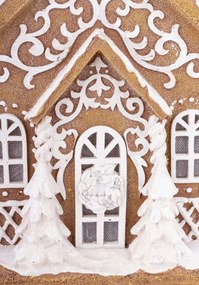 LED-es karácsonyi mécsestartó mézeskalács barna házikó fenyőfával havas tetővel mézeskalács figurákkal asztali dekoráció 23x19x12cm