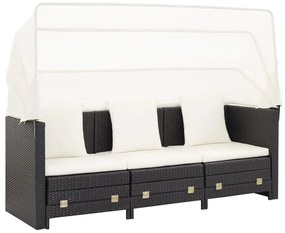 3-személyes fekete kinyitható műrattan kanapéágy tetővel