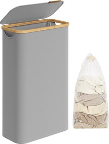 Fedeles mosókosár, 65L, levehető hálós bélés, bambusz fogantyúk, galambszürke