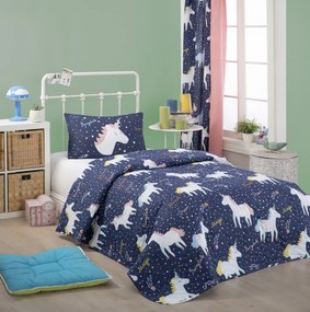 Magic Unicorn egyszemélyes steppelt ágytakaró szett, sötétkék