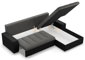 Toronto sarokkanapé, 2 ágyneműtartóval, bársony + műbőr, jobboldali, szürke - fekete