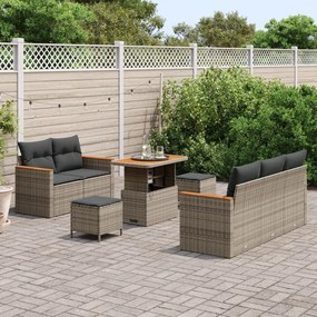 8 részes kerti kanapé szett párnákkal, szürke poli rattan akáccal, 3 részes kerti étkező szett párnákkal, szürke poli rattan akáccal