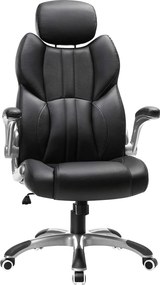 Ergonomikus irodai forgószék felhajtható karfákkal és állítható fejtámlával, fekete PU műbőr, 150 kg