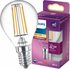 Led izzó E14 P45 Golyó 4,3W 40W 470lm 2700K Meleg Filament Philips