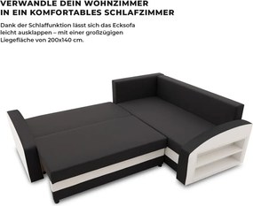 Grande sarokkanapé polcokkal , polc a jobb karfaban, jobboldali, szövet anyag, hab töltet, fekete - fehér