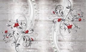 Flizelin fotótapéta Ezüst virágok piros ékezetek fa 250x175 +ragasztó