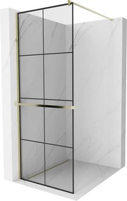 Mexen Kioto +, zuhanyparaván polccal és törölközőtartóval 80 x 200 cm, 8mm átlátszó üvegmintás fekete, arany profil, 800-080-121-50-77