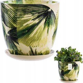 Kerámia kaspó kerek Ø12,5 cm H13 cm 1,5L zöld levelek állvány