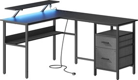 L alakú sarokíróasztal LED világítással, 4 konnektorral, 2 USB-porttal és monitorállvánnyal, 150 x 120 x 76 cm, fekete