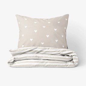Goldea pamut ágyneműhuzat - szívecskék, latte színű csíkos hátoldal 140 x 220 és 70 x 90 cm