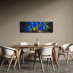 Kék virágok képe egy vázában (órával) (90x30 cm)
