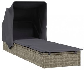 szürke polyrattan napozóágy összecsukható tetővel 213x63x97 cm