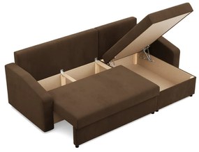 Zeus sarokkanapé, 2 ágyneműtartóval, döntött kartámasz, szövet anyag, univerzális oldal, hab töltet, barna