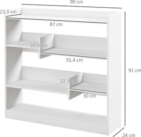 HOMCOM Könyvespolc Tároló Bútor 90L x 24W x 91H cm-es Méretekkel, 4 Szinten, 3 Hátsó Panel, Forgácslap, Fehér | Aosom
