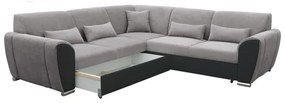 VISEU L-alakú, balos, kihúzható sarokkanapé tárolóval — szürke/fekete