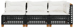 Fekete 3 személyes polyrattan kerti kanapé párnákkal