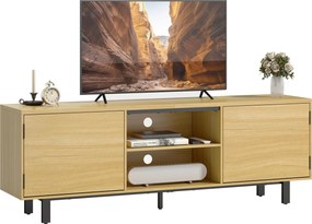 HOMCOM 160 cm-es TV-szekrény – Akár 165 cm-es tévékhez, 2 nyomásra nyíló ajtó és 2 nyitott polc, fém lábak, natúr fa hatás | Aosom