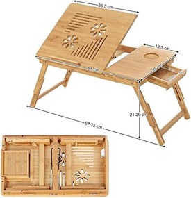 Bambusz laptop asztal szellőző lyukakkal, állítható magasság 55x35cm