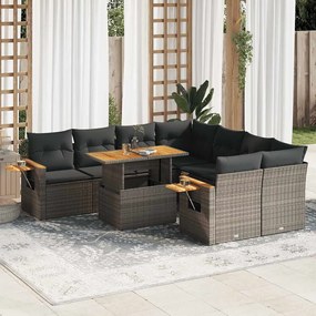 9 részes szürke polyrattan akácfa kerti ülőgarnitúra párnákkal