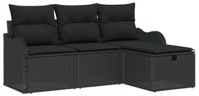 4 Részes Kerti Sofa Szett Párnákkal Fekete Poli Rattan