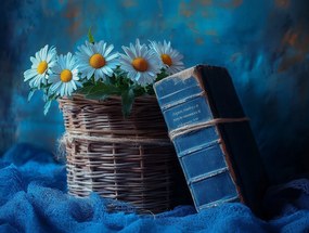 Vászonkép Canvas Könyv Bölcsesség Tudás Virágok Margaréta Kosár 80x60