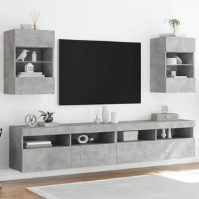 2 db betonszürke fali szekrények LED világítással TV-hez 40x30x60,5 cm