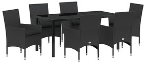 7 Darabos Kert Étkező Szett Párnákkal Fekete Polirattan, Kerti Asztal Fekete 160x80x73 cm Edzett Üveg